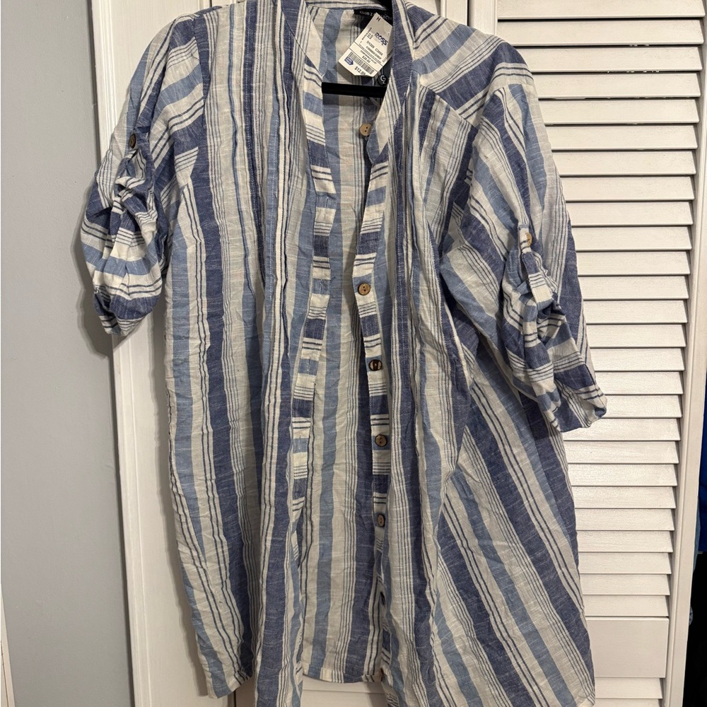 Women's Blue and White Striped Button Down Shirt